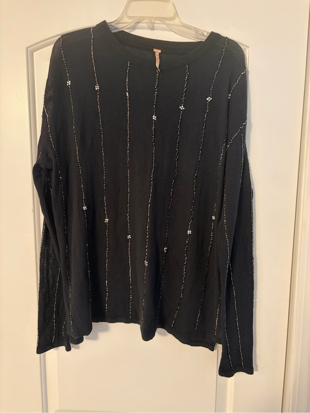 Free People Black Knit Long Sleeve Top with Sequin Detail